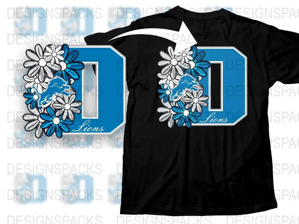 Custom Blue and White Floral Lions Graphic T-Shirt, Unisex Sports Team Inspired Casual Wear
