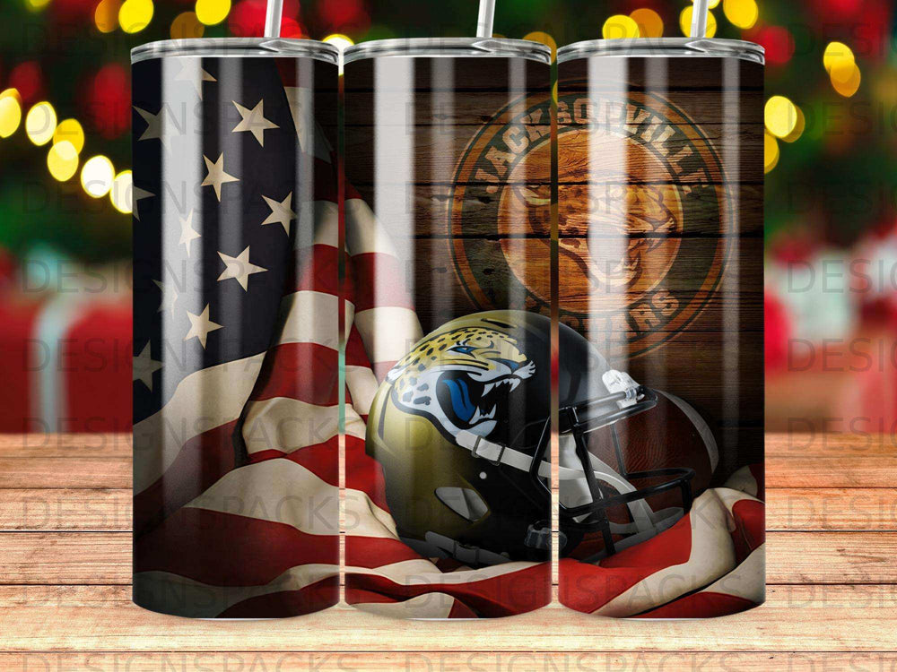 Jacksonville Jaguars helmet and football on American flag.