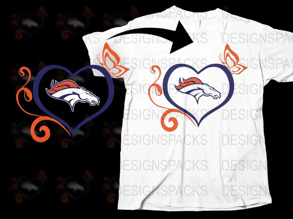Denver Football Team Logo Heart Graphic T-Shirt, Custom Fan Apparel, Unique Sports Clothing Design