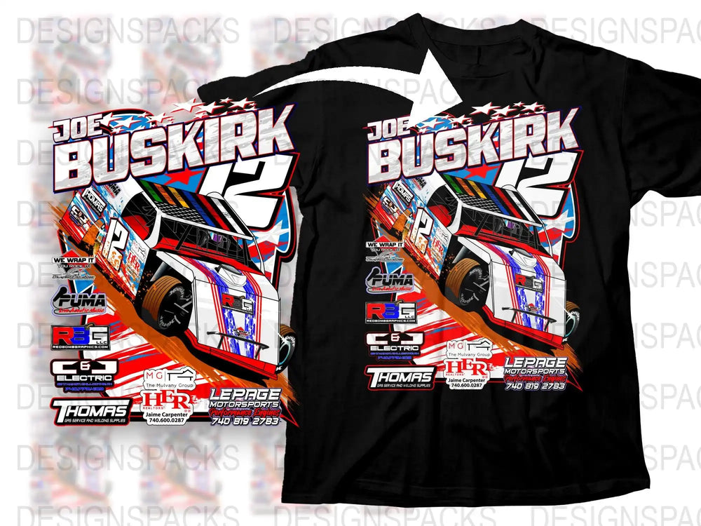 Joe Buskirk 12 racing truck design on black t-shirt with sponsor logos and patriotic colors