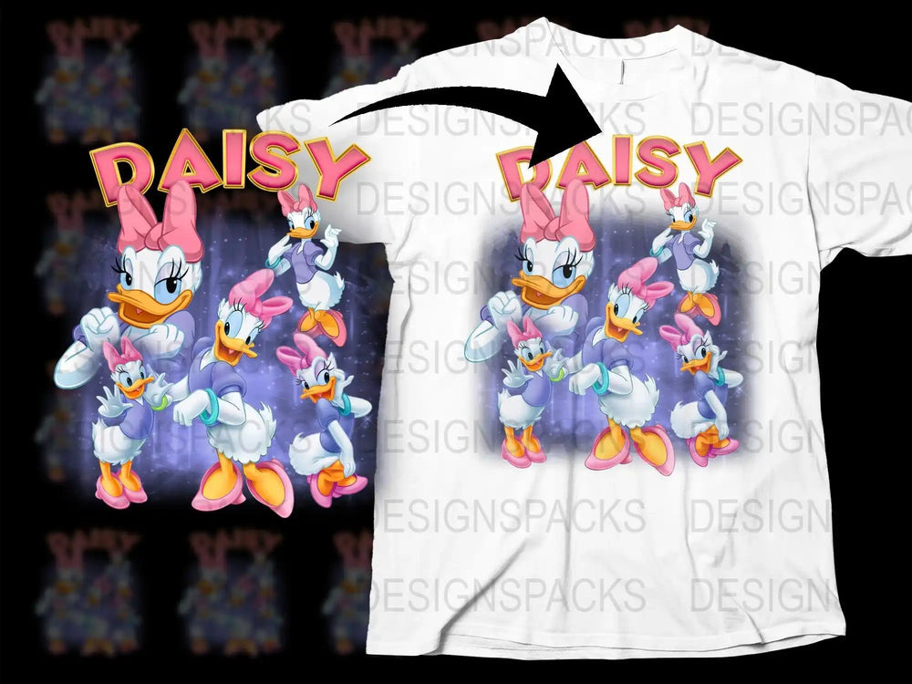 Daisy Duck t-shirt design with vibrant poses and cosmic background, print-ready for DTG/DTF