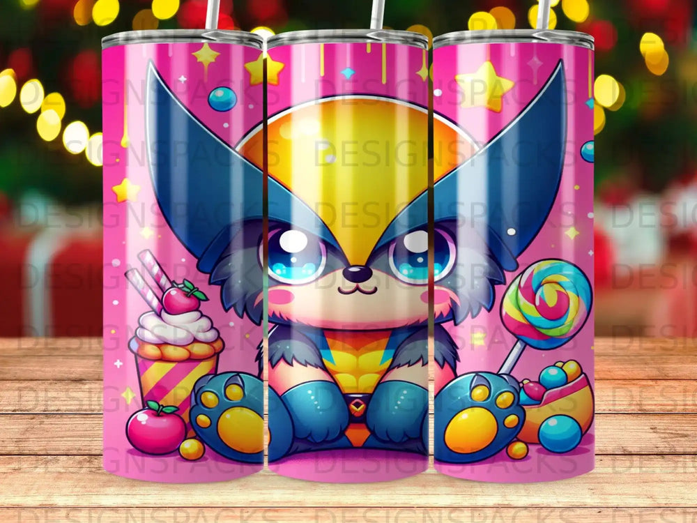 Cute cartoon wolf character in superhero costume holding candy and lollipop.