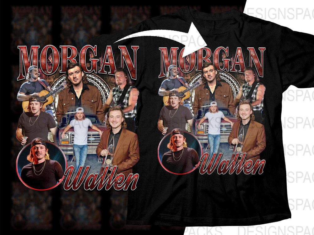 Morgan Wallen collage t-shirt design with concert photos, guitar, truck, and award, print-ready for DTG/DTF