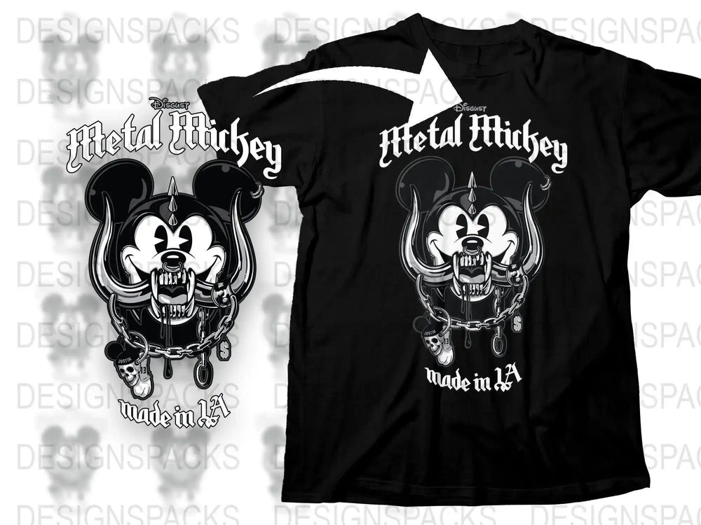 Metal Mickey punk rock t-shirt design with skull, chains, and LA text, print-ready for DTG or DTF