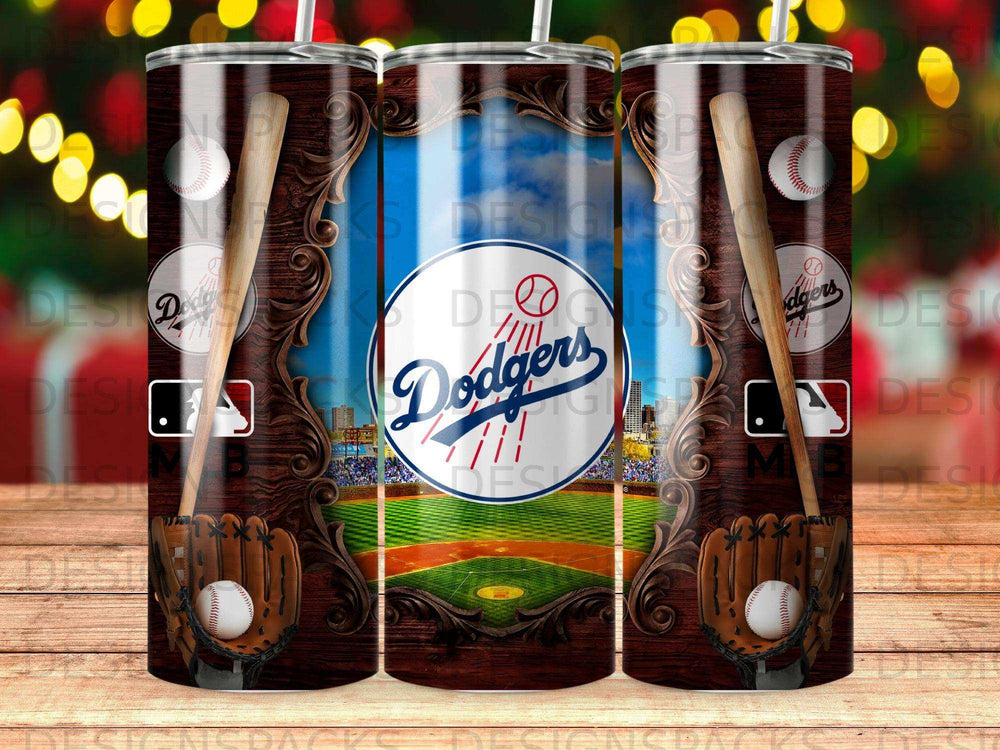 Los Angeles Dodgers baseball tumbler with glove and bat.