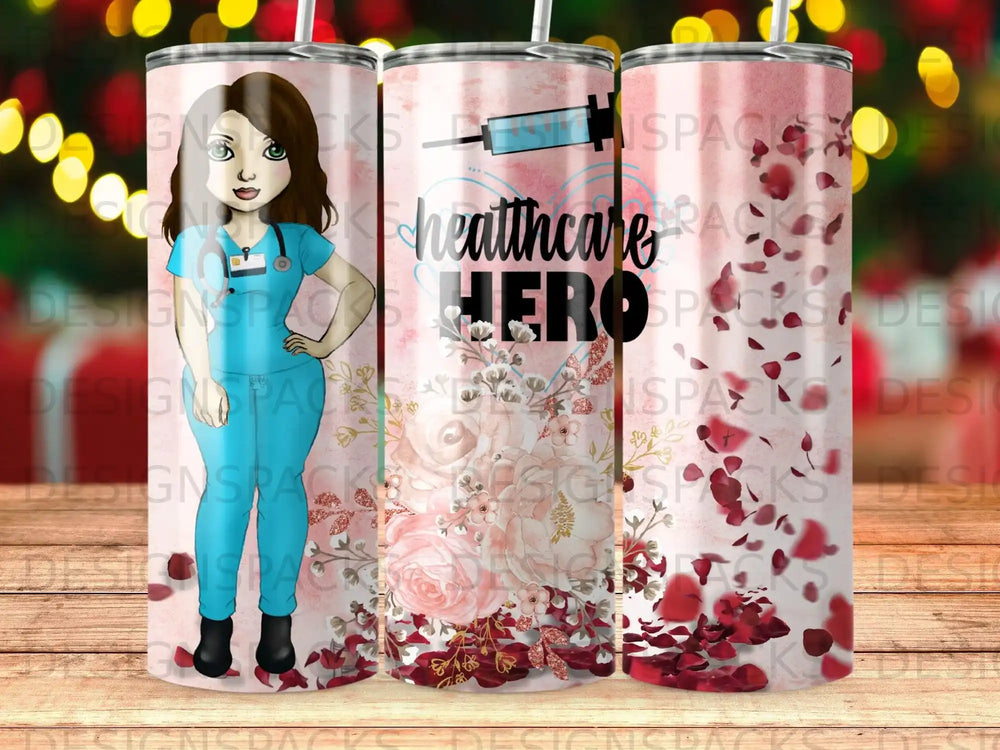 Healthcare Hero tumbler with a nurse, syringe, and floral design.