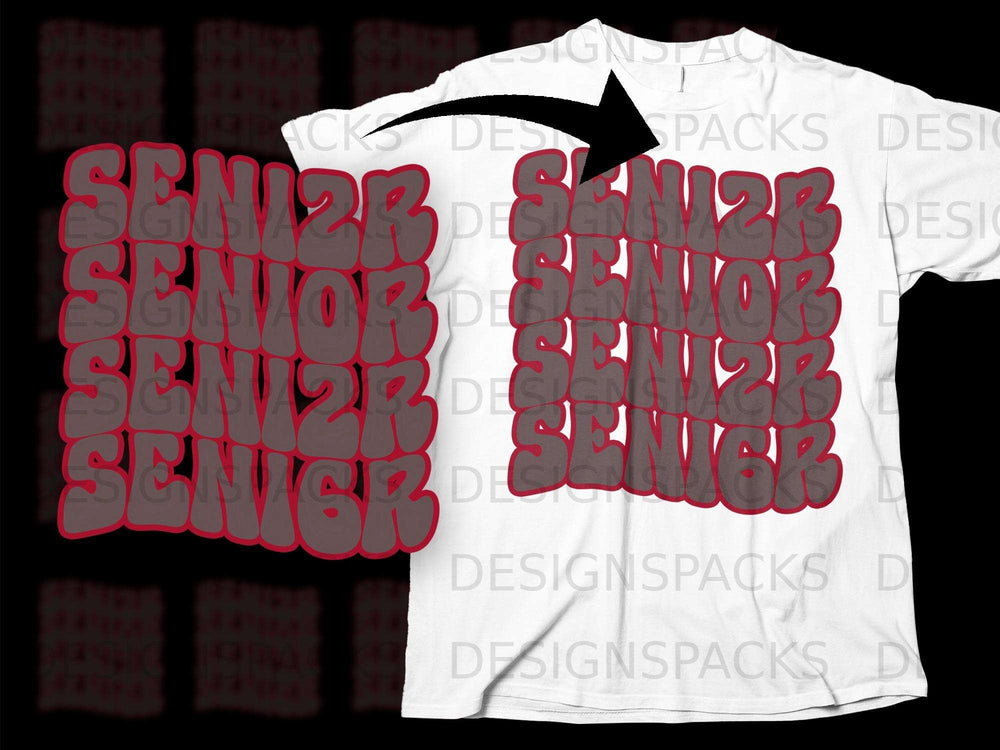 White t-shirt with "SENIOR 23" in a repeating, stylized grey and red font.