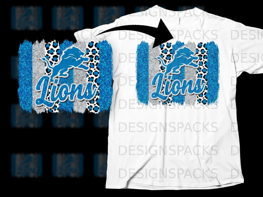 Detroit Lions logo with blue glitter and leopard print on a white t-shirt.