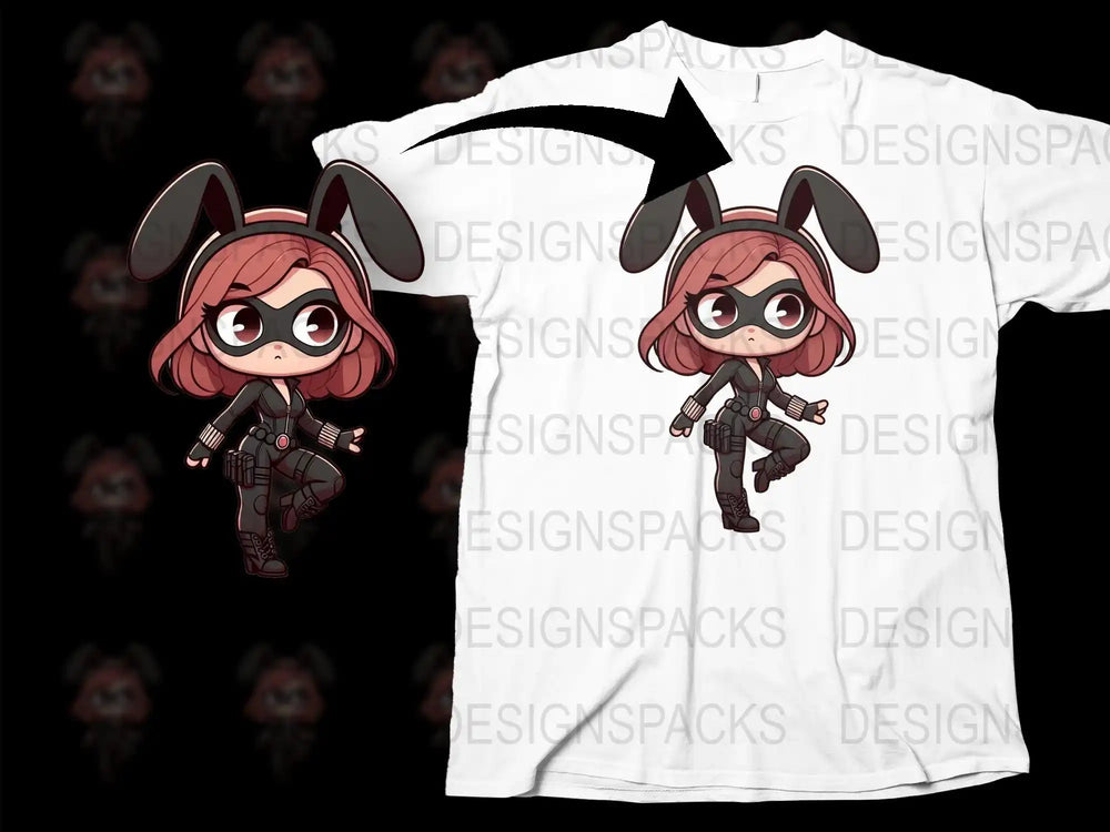 Chibi superhero girl with bunny ears on white t-shirt design, print-ready PNG