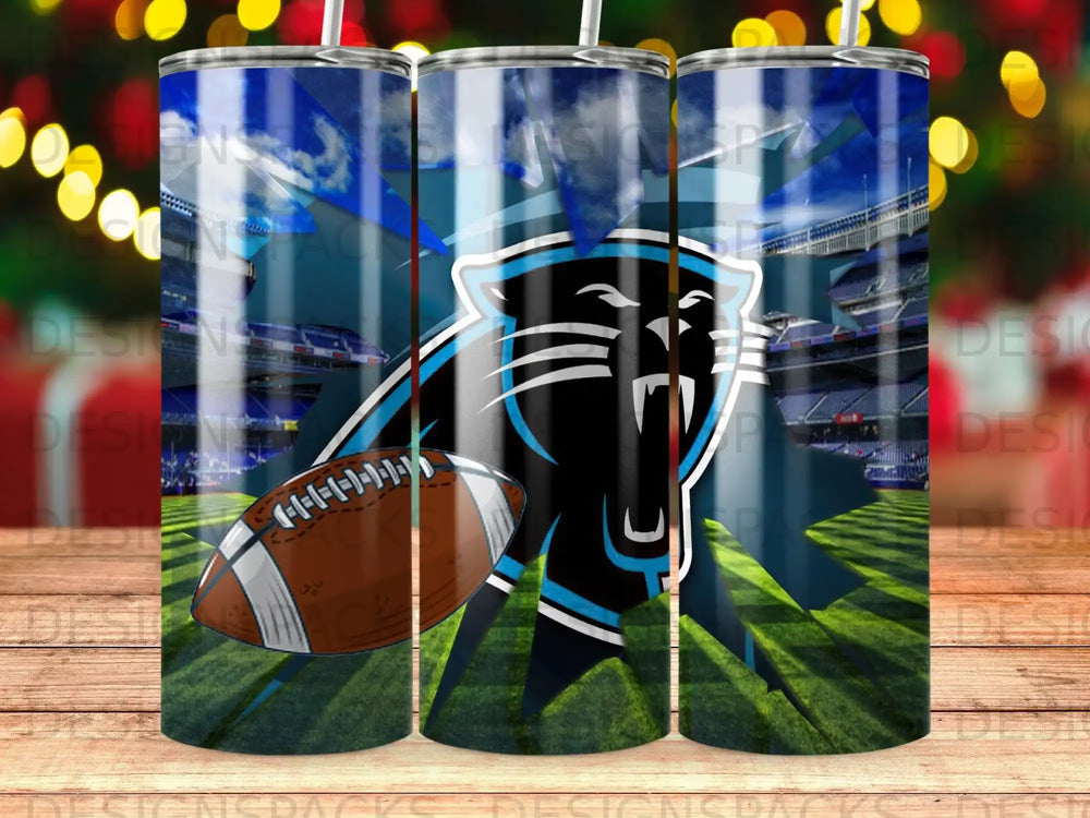 Carolina Panthers logo on a stadium background with a football.
