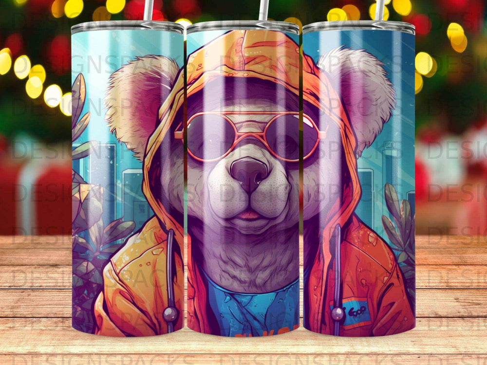 Koala wearing sunglasses and hoodie, holding a can.