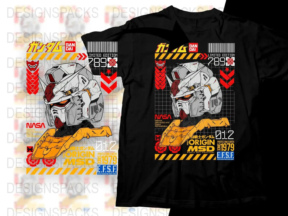 Gundam robot design on black t-shirt with NASA and E.F.S.F. graphics, limited edition print