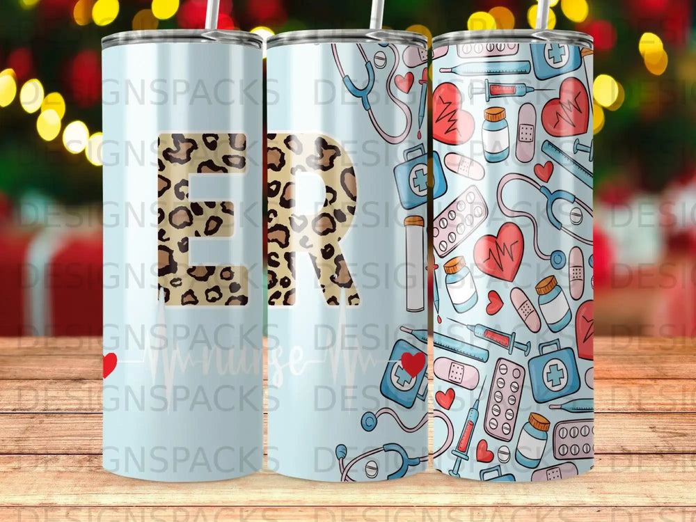 Light blue tumbler with medical icons and leopard print "ER" graphic.