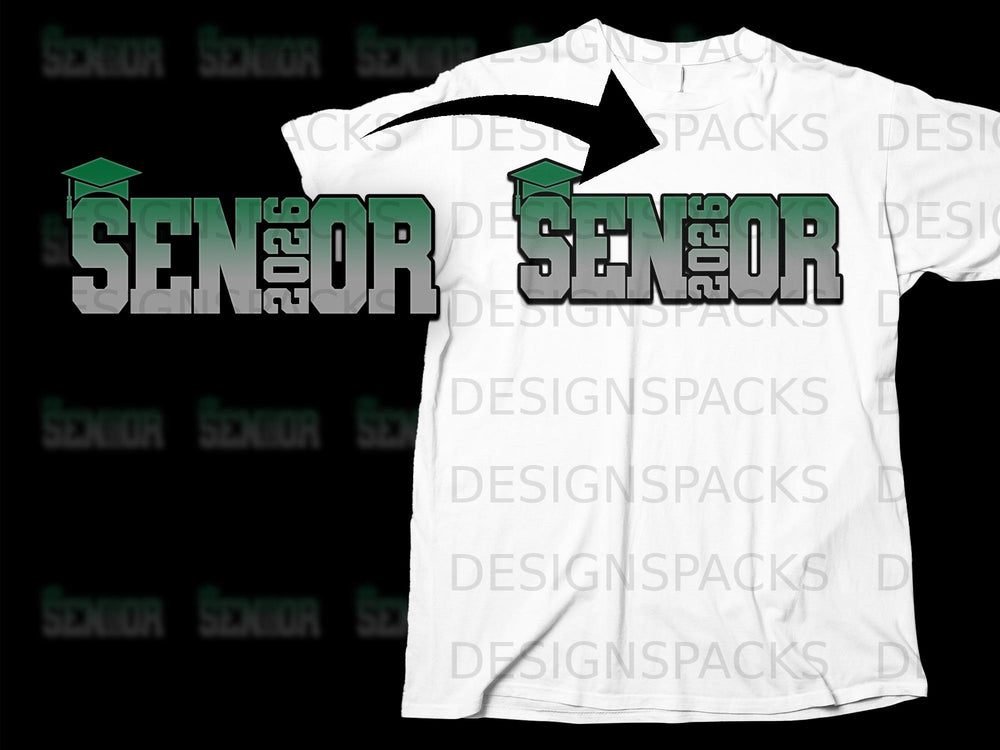 White t-shirt with green and grey "SENIOR 2026" graphic and graduation cap.