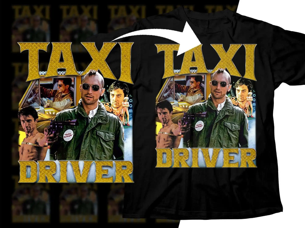 Taxi Driver movie poster design on black t-shirt, featuring bold gold text and iconic characters.