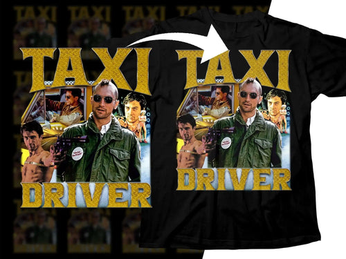 Taxi Driver movie poster design on black t-shirt, featuring bold gold text and iconic characters.
