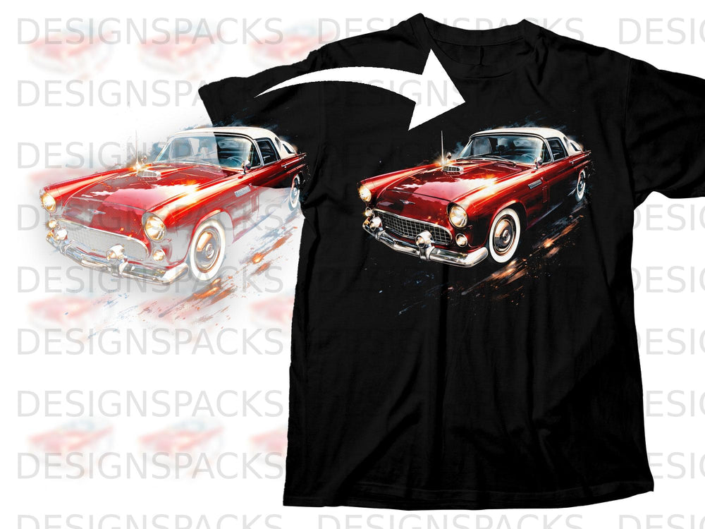 Black t-shirt with a graphic of a red classic Thunderbird car.