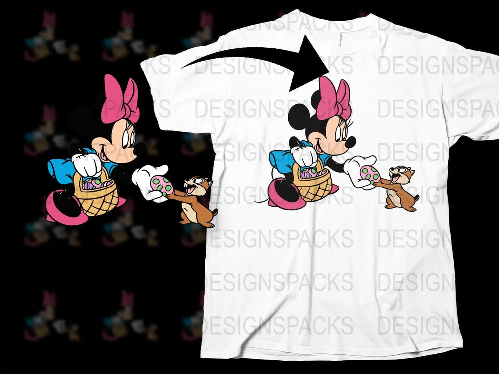 Minnie Mouse Easter design with bunny, egg basket, and chipmunk for DTF DTG print-ready PNG SVG
