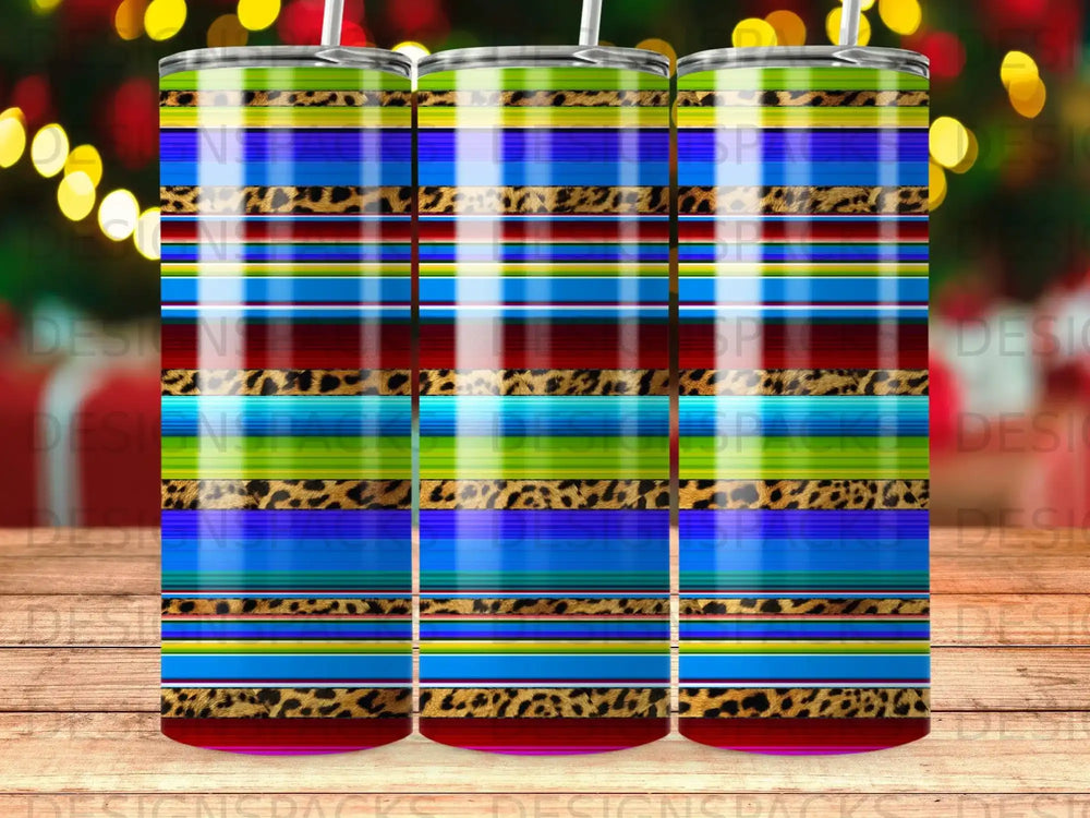 Striped and leopard print tumbler with colorful horizontal bands.