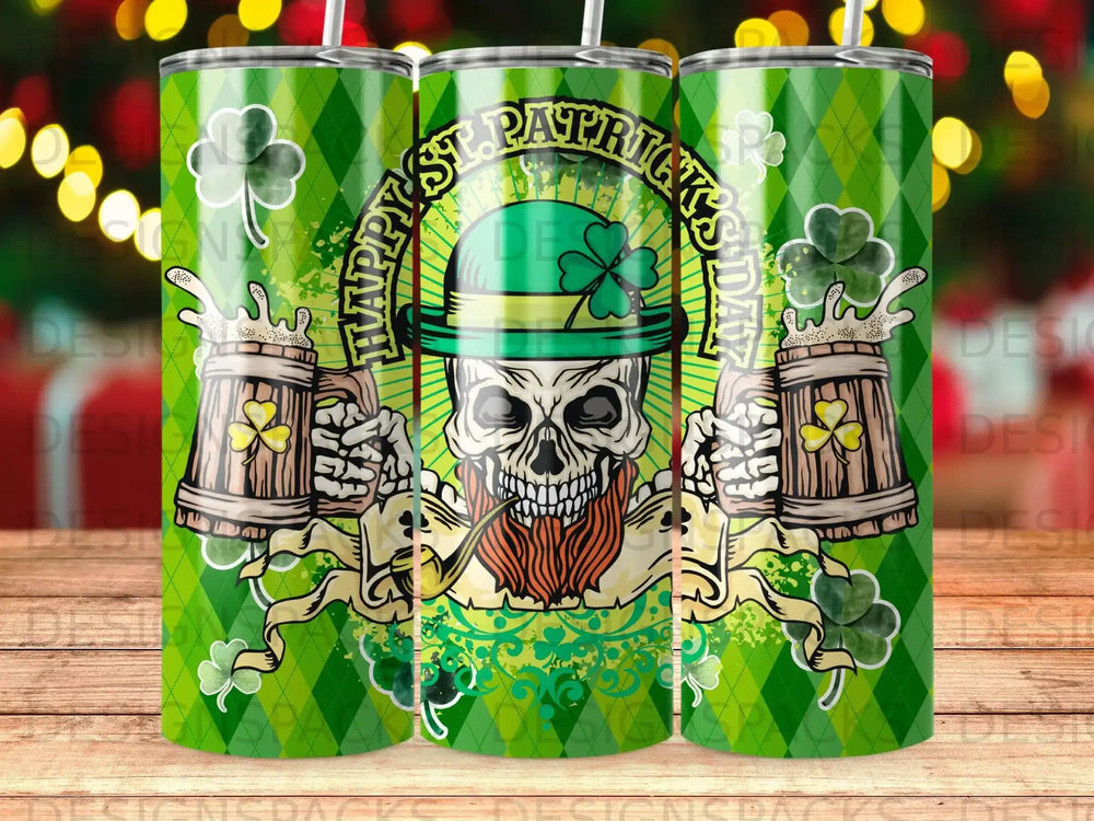 Green St. Patrick's Day tumbler with skull, shamrocks, and beer mugs.