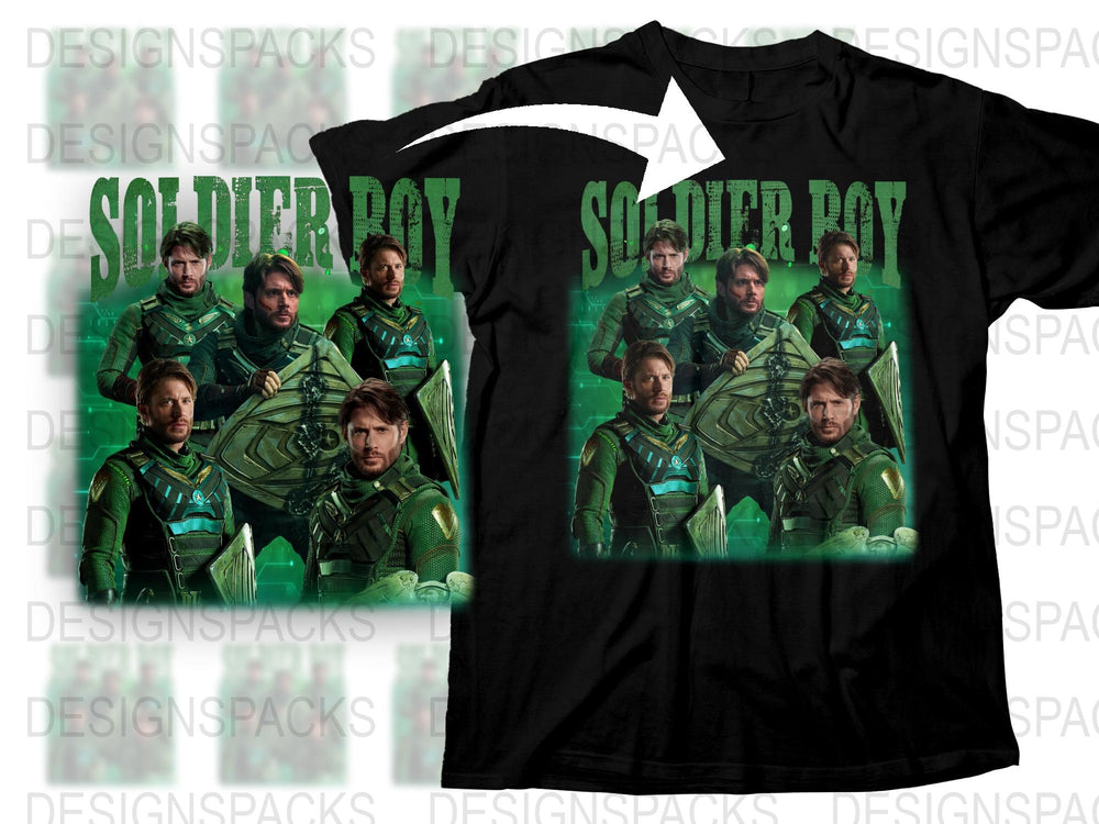 Soldier Boy Superhero T-Shirt, Vintage Comic Hero Graphic Tee, Multiple Poses, Black Shirt for Fans