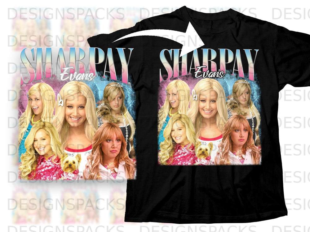 Collage of Sharpay Evans poses with a dog on a black t-shirt design.