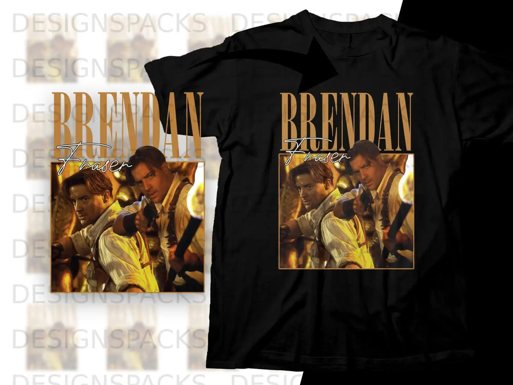 Brendan Fraser in a movie scene on a black t-shirt.