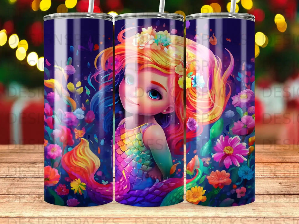 Mermaid with colorful hair and scales, surrounded by flowers.