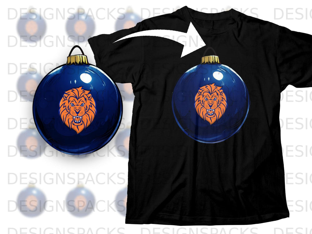 Black t-shirt with a blue Christmas ornament featuring an orange lion head graphic.
