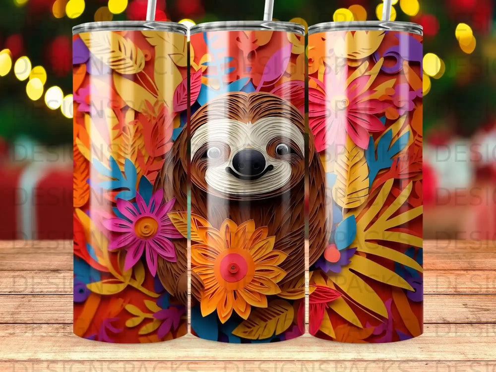 Sloth with colorful floral and leaf background.