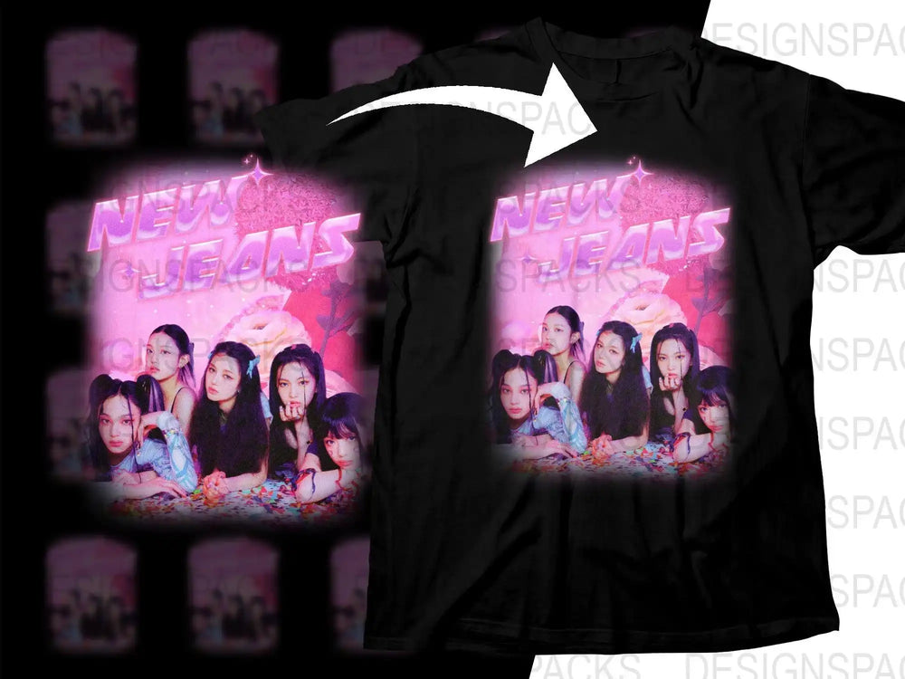 NewJeans K-pop group design on black t-shirt with pink neon text and floral background