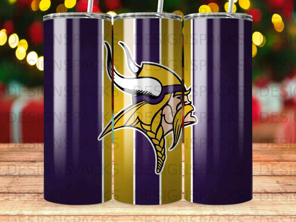 Three tumblers featuring the Minnesota Vikings logo and colors.