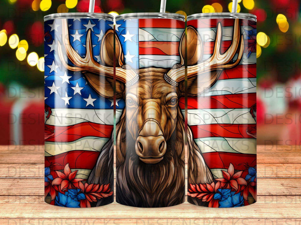 Moose with American flag and floral design on a tumbler.