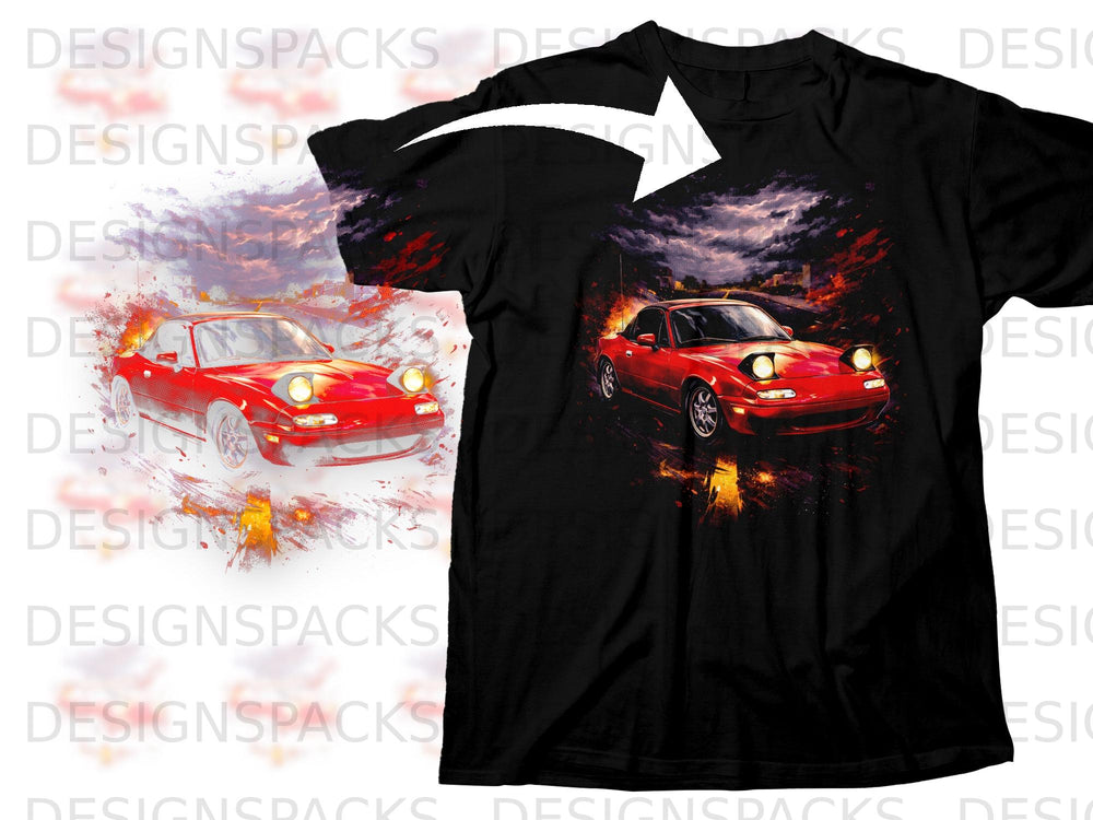 A black t-shirt printed with a graphic of a red sports car against a stormy sky.