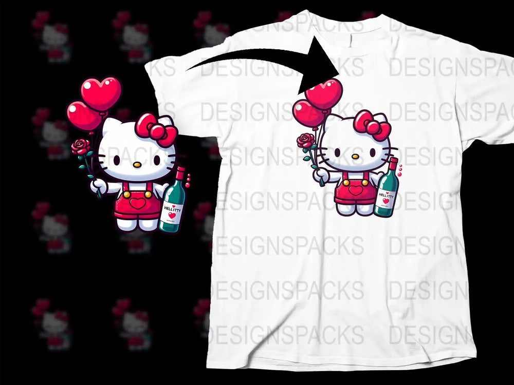 Hello Kitty holding heart balloons and wine bottle, cute Valentine's design for t-shirts