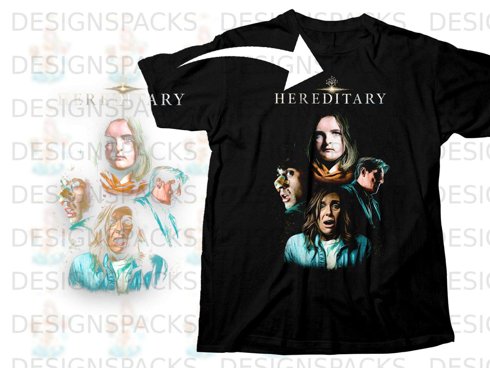 Black t-shirt with "HEREDITARY" movie poster art featuring characters' faces.