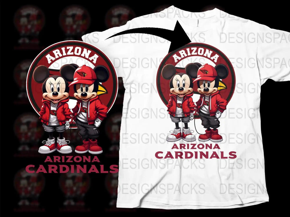 Mickey and Minnie in Arizona Cardinals gear on white t-shirt design