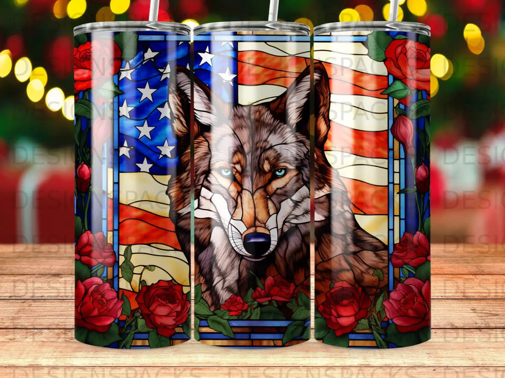 Wolf's face with American flag and red roses background.