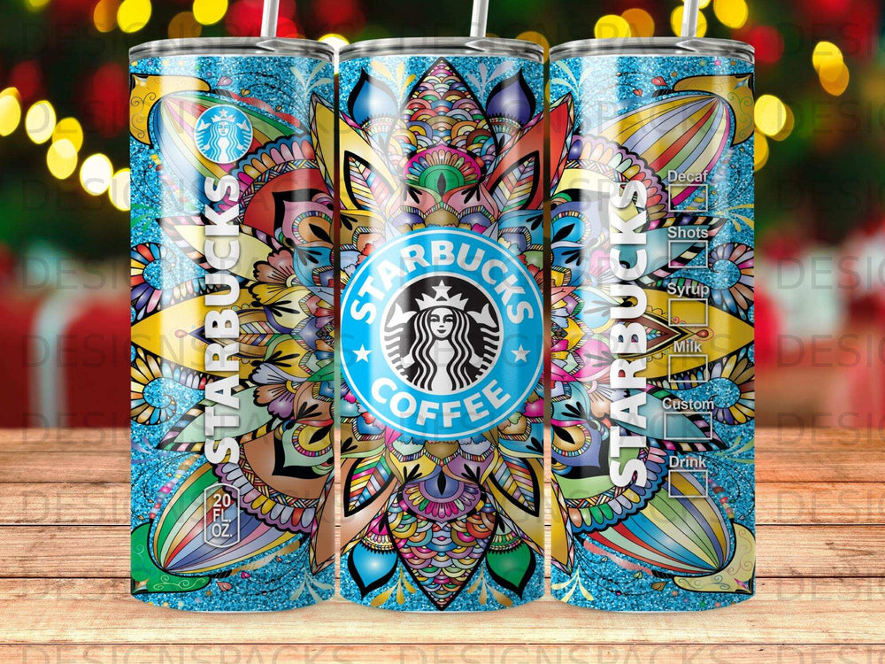 Starbucks tumbler with colorful mandala design and beverage options listed.