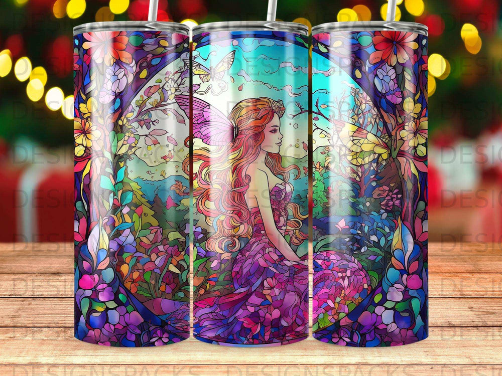 Fairy in a stained-glass forest, surrounded by colorful butterflies and flowers.