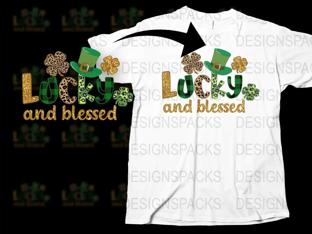 Lucky and blessed St. Patrick's Day t-shirt design with shamrocks and leprechaun hat