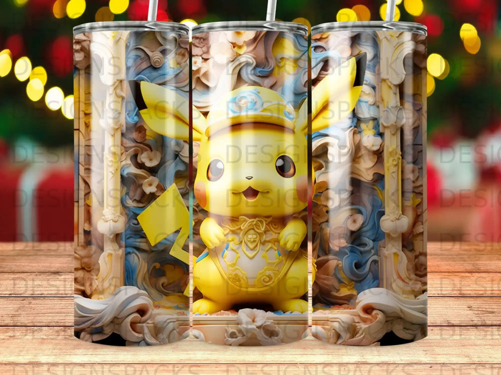 Pikachu in ornate gold and blue armor against a textured background.