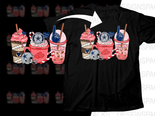 Dallas Cowboys football-themed t-shirt design with pink drinks, helmets, and candy canes for DTF/DTG printing