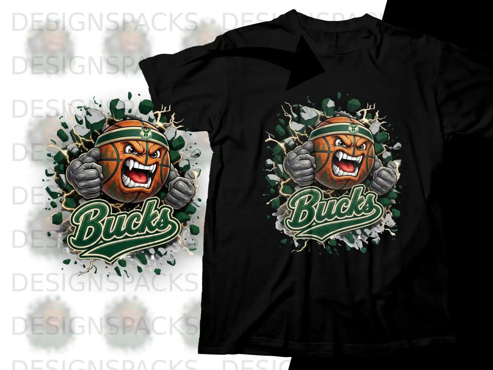 Milwaukee Bucks basketball logo on a black t-shirt.
