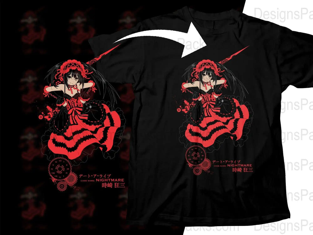Anime girl in red and black dress on black t-shirt, code name NIGHTMARE design