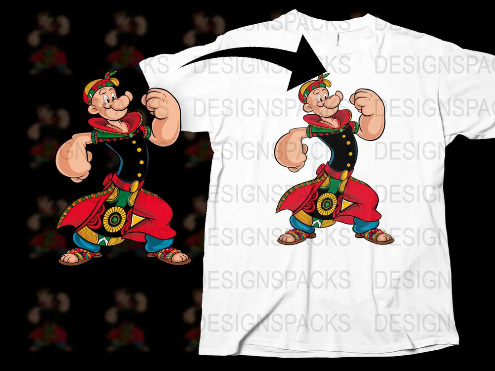 Cartoon character in vibrant outfit on white t-shirt, print-ready design for DTG or DTF printing