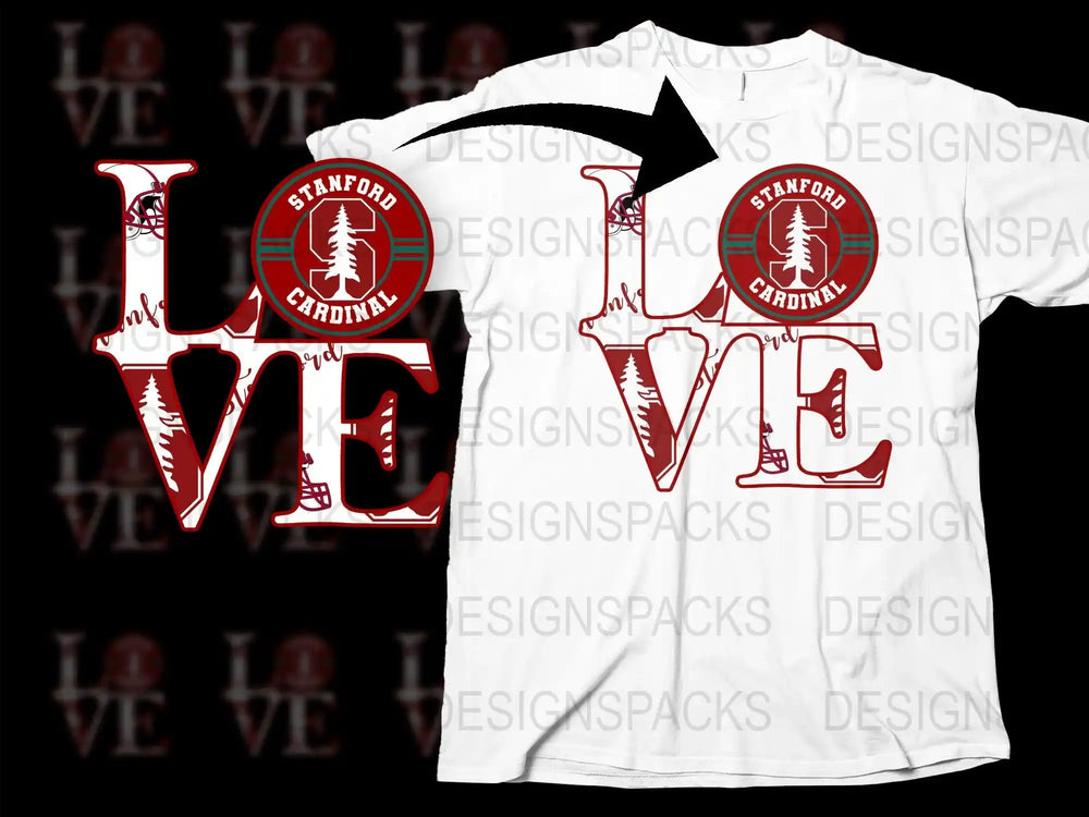 Stanford Cardinal LOVE design on white t-shirt, perfect for DTF/DTG printing