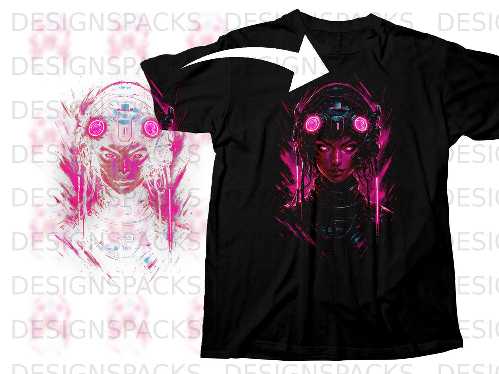 Black t-shirt featuring cyberpunk female portrait with pink and blue neon accents.