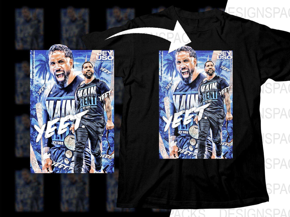Jey Uso Main Event Yeet t-shirt design, print-ready for DTF DTG, featuring bold graphics and championship theme