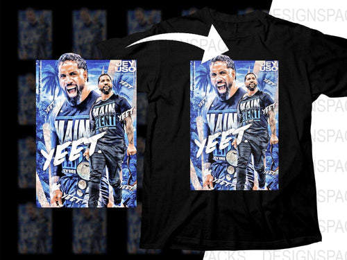 Jey Uso Main Event Yeet t-shirt design, print-ready for DTF DTG, featuring bold graphics and championship theme